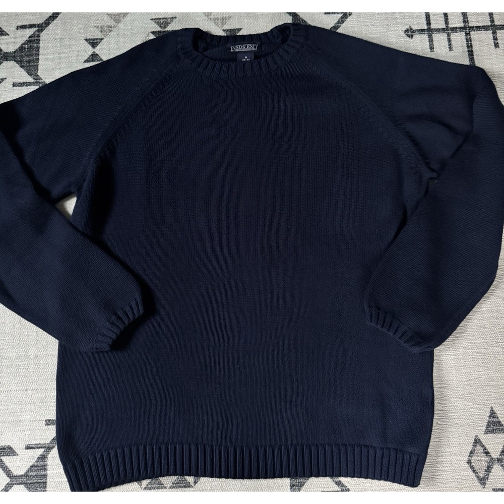 Lands' End Men's M 38-40 Navy Blue Crewneck Sweater Cotton Knit Made USA